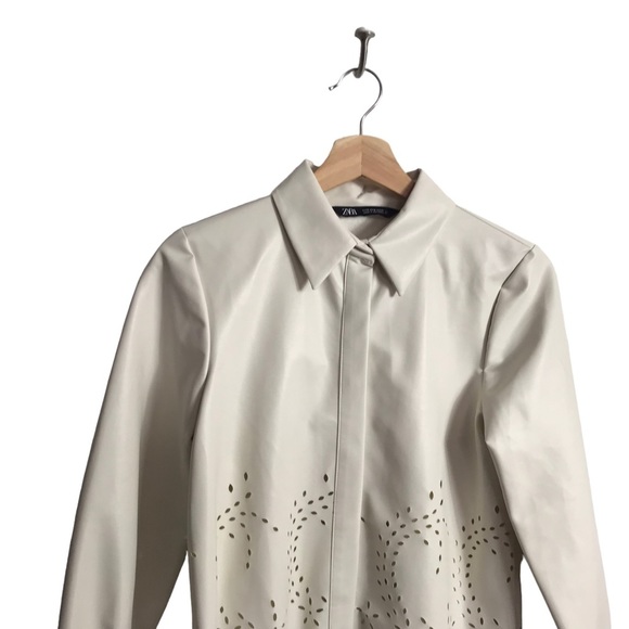 ZARA Ecru Natural Soft Faux Leather Collared Cutout Overshirt Top Small - Picture 6 of 8